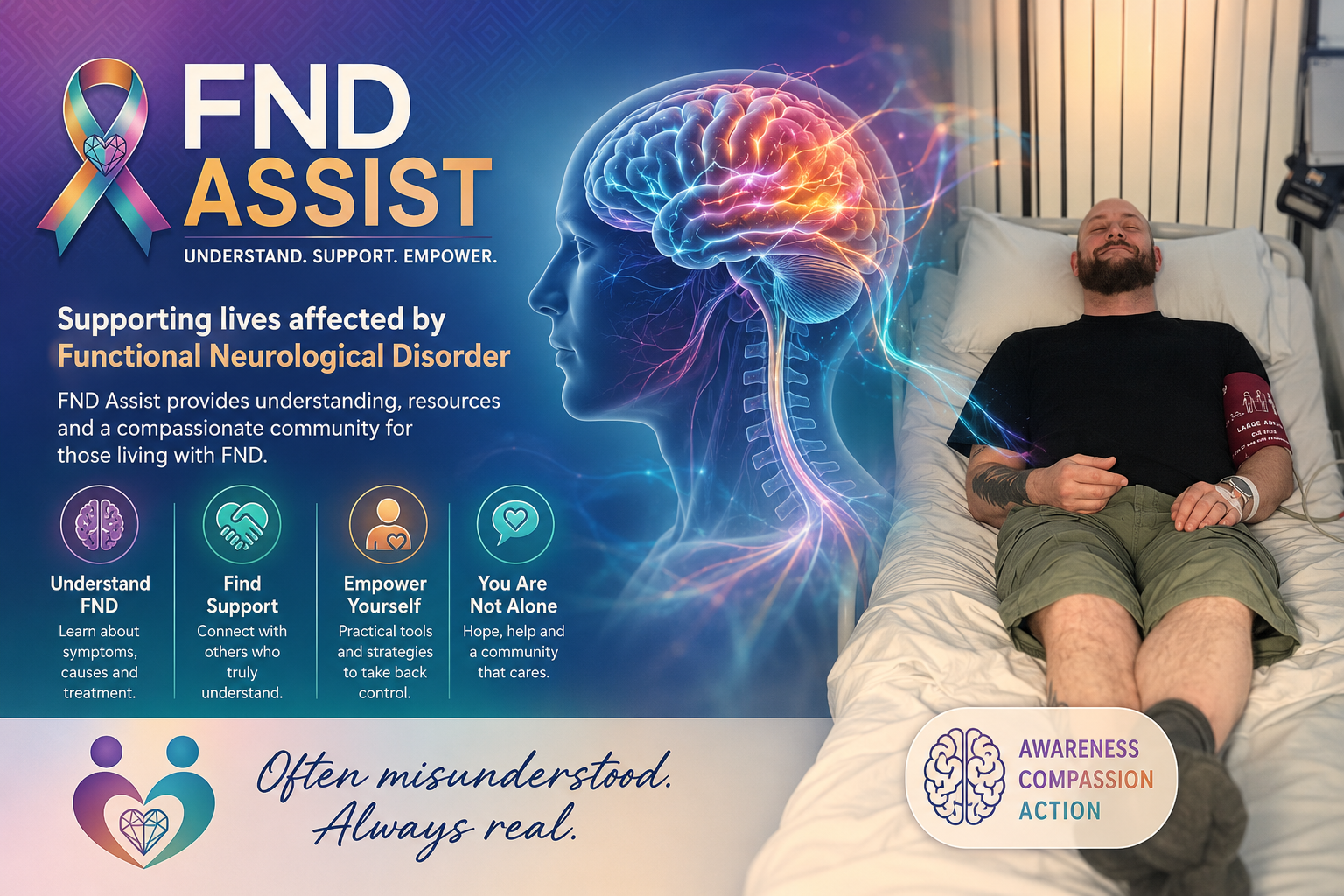 FND Assist — Understand, Support, Empower. Awareness poster.